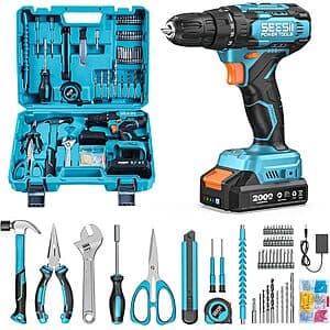 SEESII 20V cordless drill kit with flexible shaft, 2.0Ah battery, charger, and 183 tools organized in a black carrying toolbox.