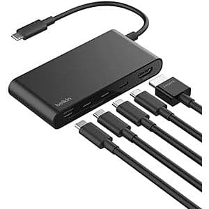 Belkin silver USB-C hub with 5 ports and 4K HDMI output connector, compatible with MacBook and laptops.
