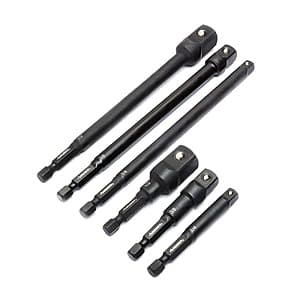 Husky 6-piece socket adapter set with multiple drive sizes and lengths arranged in packaging.