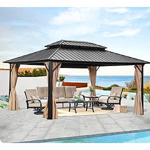 Ainfox 12x16 steel double roof hardtop gazebo with aluminum frame, featuring attached curtains and netting, reinforced bases, and sturdy triangular construction.