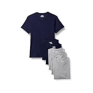 Amazon Essentials 6-pack slim fit V-neck undershirts in medium grey heather and navy cotton fabric, displayed in packaging.