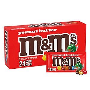Box of 24 M&M's Peanut Butter Chocolate candy singles, each individually wrapped 1.63-ounce package.