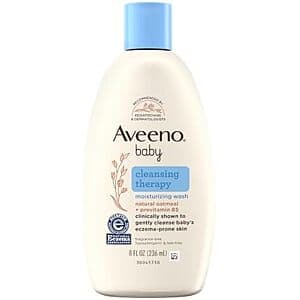 8 oz bottle of Aveeno Baby Cleansing Therapy Moisturizing Wash with light blue and white labeling.