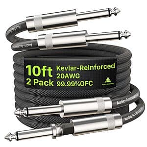 2-Pack 10' AA Audio Accessory Dual Shielded 20AWG Guitar Cables $14