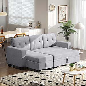 DEALTOPS Linen Reversible Sleeper Sectional Sofa Bed w/ Chaise (Gray or Dark Gray) $317 + Free Shipping