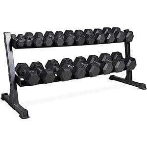 Set of rubber hex dumbbells with chrome handles ranging from 5 to 50 pounds, displayed on a horizontal 2-tier black rack.