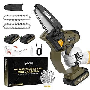 5" VCAN ACTIVE 21V Cordless Brushless Mini Chainsaw w/ 2x 2.5Ah Batteries $20