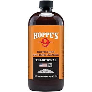Hoppe's No. 9 Gun Bore Cleaner bottle, a traditional gun cleaning solvent in a clear liquid form.