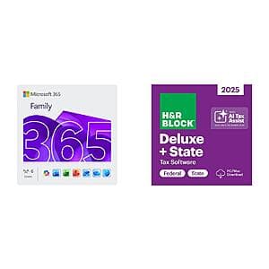 12-Month Microsoft 365 Family (6-Users) + H&R Block Deluxe + State 2025 (Digital) $100