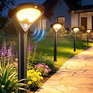 Six black solar pathway lights with motion sensors and integrated solar panels, displayed as a complete set.