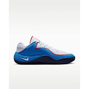 White, light photo blue, and picante red low-top basketball shoe with Nike branding on the side.