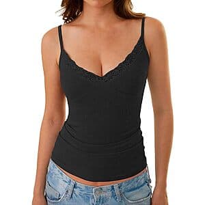 GKBK Women's Lace Trim Ribbed V-Neck Spaghetti Strap Tank Top (various) $4.40