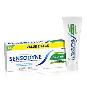 Two 4-ounce tubes of Sensodyne Fresh Mint sensitive toothpaste with white and blue packaging.