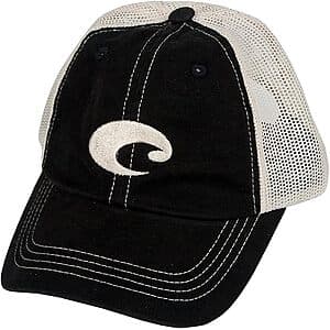 Costa Del Mar mesh trucker hat in Blackout or Deck Gray Heather colorway with adjustable back strap.