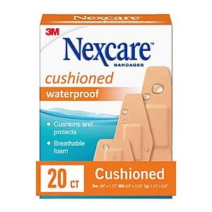 20-count box of Nexcare Waterproof Cushioned Bandages in assorted sizes with white and beige packaging.
