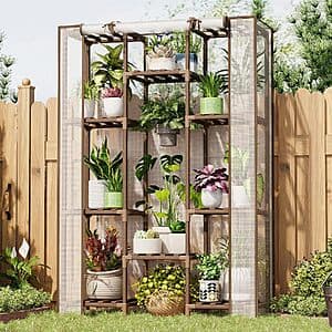 White wooden 10-tier plant stand with transparent cover, designed for indoor and outdoor plant display.