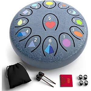Ironkoi 6.8-inch steel tongue drum with 13 tuned notes, featuring UV-printed musical notes and geometric patterns on the drum surface, available in various colors.
