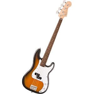 Fender Squier Debut Series Precision Bass Guitar in black finish with classic body shape and hardware.