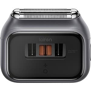 Space gray Laifen P3 Pro electric shaver with CNC-milled aluminum unibody and transparent window showing dual motors, displayed against a clean background.