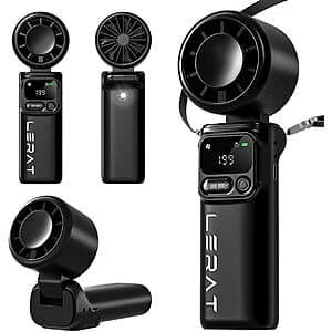 Black and white Lerat portable handheld turbo fan with 5-speed settings and 4000mAh rechargeable battery.