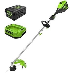 Greenworks 60V brushless cordless string trimmer with 16-inch cutting head and 4.0Ah lithium-ion battery pack.
