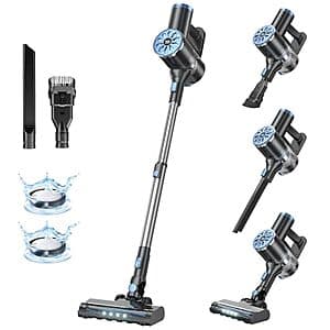 VIPSUN 40KPa self-standing cordless stick vacuum in blue with integrated dust bin and charging base.