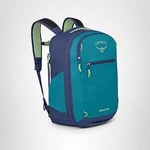 Osprey Daylite Expandable 26+6 backpack in blue spikemoss with alkaline accents, shown with expandable compartment design and multiple organizational pockets.