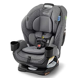 Graco 3-in-1 convertible car seat in gray upholstery showing the extended legroom panel and harness system.
