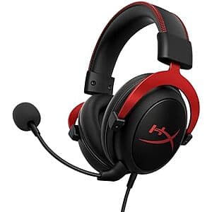 HyperX Cloud II wired gaming headset with 7.1 surround sound, featuring black ear cups and headband with adjustable design.