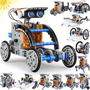 Blue gray 13-in-1 STEM solar power robot building kit with multiple construction pieces for assembly.