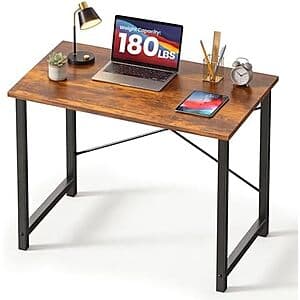 DUMOS 32-inch compact writing desk with rustic wood brown finish, simple straight-leg design.