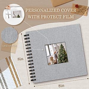 Popotop 8x8 inch grey linen hardcover scrapbook photo album with display window on front cover, 60 pages.