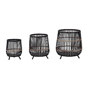 Three round bamboo wood planters in varying sizes, suitable for indoor and outdoor use.