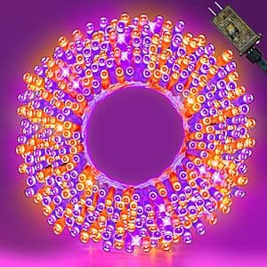 WASTROYAL 100-foot Halloween plug-in string lights with purple, orange, and warm white color options displayed on packaging.
