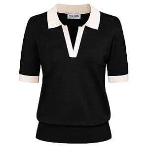 Kate Kasin Women's Short Sleeve V-Neck Collared Knit Polo Sweater (Black/White) $10
