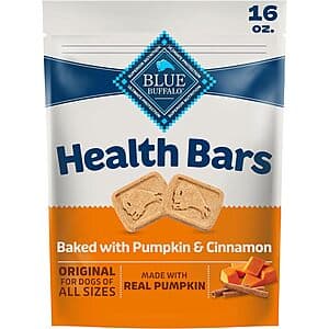 16-ounce bag of Blue Buffalo Health Bars Pumpkin & Cinnamon Crunchy Dog Biscuits with product branding on packaging.