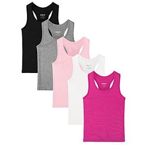 Five-pack of girls' sleeveless racerback cotton tanks in various colors, suitable for sizes 3T through 13Y.