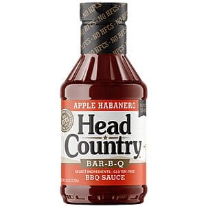 20-ounce bottle of Head Country Apple Habanero BBQ Sauce with red and yellow label.