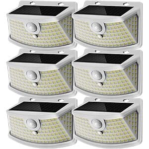 Six-pack of Aootek solar motion sensor lights with 120 LEDs each, designed for outdoor use with motion detection and solar charging.