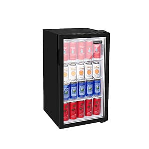 Frigidaire commercial beverage refrigerator with 3.3 cubic feet capacity, tempered glass door, and 120-can capacity in stainless steel.