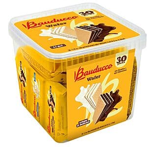 30-pack box of Bauducco Chocolate & Vanilla Wafers in a convenient tub, showing both chocolate and vanilla single-serve wafers with crispy texture.