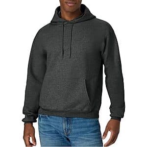 Men's Charcoal Heather Hanes EcoSmart Midweight Fleece Pullover Sweatshirt Hoodie with front pocket and drawstring.