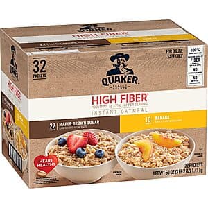 32-Pk Quaker High Fiber Instant Oatmeal (2 Flavors: Banana & Maple Brown Sugar) $14.80 w/ Subscribe & Save