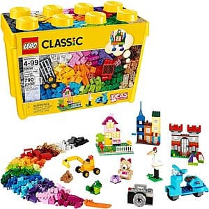 LEGO Classic Large Creative Brick Box containing 790+ colourful bricks, wheels, and accessories in original packaging.