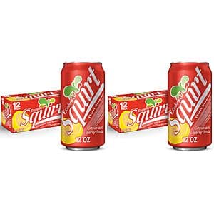 24-pack of Squirt Ruby Red Grapefruit Soda in 12 fl. oz. cans with red and yellow labeling.