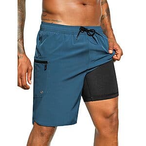 SILKWORLD Men's 9" Swim Trunks w/ Compression Liner & Zipper Pockets (various) $12