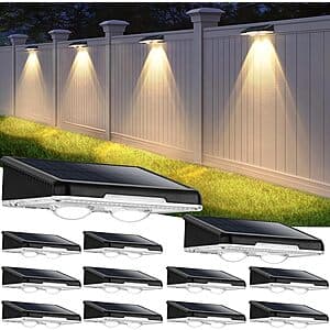 12-pack of black solar fence lights with 80-lumen brightness, featuring three color temperature modes for outdoor fence installation.