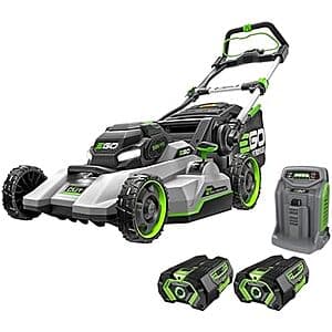 EGO Power+ electric lawn mower with two 56V 4.0Ah lithium batteries and black rapid charging dock.