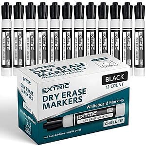 12-Pack EXTRIC Chisel Tip Dry Erase Markers (Black or Red) $5