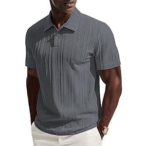 Men's short sleeve textured knit polo tee in various colors available in multiple sizes.